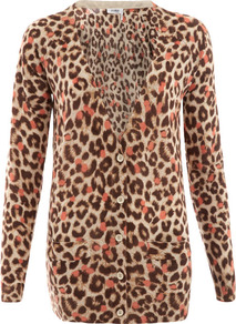 Beige Leopard Print Cardigan - neckline: low v-neck; length: below the bottom; secondary colour: ivory; predominant colour: chocolate brown; occasions: casual, evening; style: standard; fibres: wool - 100%; fit: slim fit; sleeve length: long sleeve; sleeve style: standard; texture group: knits/crochet; pattern type: knitted - fine stitch; pattern size: big & busy; pattern: animal print