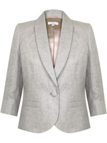 Curved Linen Jacket - pattern: plain; style: single breasted blazer; collar: shawl/waterfall; predominant colour: light grey; occasions: evening, work; length: standard; fit: tailored/fitted; fibres: linen - mix; sleeve length: 3/4 length; sleeve style: standard; texture group: linen; collar break: medium; pattern type: fabric