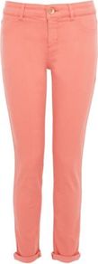 Coloured Jade Crop - style: straight leg; pattern: plain; pocket detail: traditional 5 pocket; waist: mid/regular rise; predominant colour: coral; occasions: casual, evening, holiday; length: ankle length; fibres: cotton - stretch; jeans & bottoms detail: turn ups; texture group: denim; trends: fluorescent; pattern type: fabric