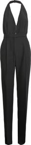 Silk Jumpsuit - length: standard; pattern: plain; sleeve style: sleeveless; waist detail: fitted waist; hip detail: side pockets at hip; neckline: halter neck; bust detail: buttons at bust (in middle at breastbone)/zip detail at bust; predominant colour: black; occasions: evening, work, occasion; fit: fitted at waist & bust; fibres: silk - 100%; sleeve length: sleeveless; texture group: crepes; style: jumpsuit; pattern type: fabric