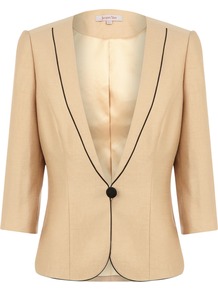 Jacket, Light Caramel - pattern: plain; style: single breasted blazer; collar: shawl/waterfall; predominant colour: camel; secondary colour: black; occasions: evening, occasion; length: standard; fit: tailored/fitted; fibres: polyester/polyamide - mix; sleeve length: 3/4 length; sleeve style: standard; texture group: structured shiny - satin/tafetta/silk etc.; collar break: low/open; pattern type: fabric