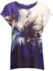Graphic Floral Top, Purple - neckline: round neck; back detail: contrast pattern/fabric at back; secondary colour: ivory; predominant colour: purple; occasions: casual, evening, work, holiday; length: standard; style: top; fibres: polyester/polyamide - 100%; fit: body skimming; sleeve length: short sleeve; sleeve style: standard; texture group: silky - light; trends: high impact florals; pattern type: fabric; pattern size: big & busy; pattern: florals