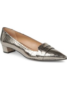 Loire Mock Croc Leather Pumps - predominant colour: gold; occasions: evening, work; material: faux leather; heel height: flat; toe: pointed toe; style: ballerinas / pumps; trends: metallics; finish: metallic; pattern: animal print