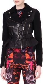 Leather Panelled Biker Jacket - pattern: plain; style: biker; collar: asymmetric biker; fit: slim fit; predominant colour: black; occasions: casual, evening; length: standard; fibres: leather - 100%; waist detail: belted waist/tie at waist/drawstring; sleeve length: long sleeve; sleeve style: standard; texture group: leather; collar break: medium; pattern type: fabric