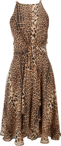 Brown Animal Print Dress - style: empire line; length: below the knee; fit: fitted at waist; sleeve style: sleeveless; waist detail: twist front waist detail/nipped in at waist on one side/soft pleats/draping/ruching/gathering waist detail; predominant colour: chocolate brown; secondary colour: tan; occasions: evening, occasion; fibres: polyester/polyamide - 100%; neckline: crew; hip detail: soft pleats at hip/draping at hip/flared at hip; sleeve length: sleeveless; texture group: sheer fabrics/chiffon/organza etc.; trends: statement prints; pattern type: fabric; pattern size: standard; pattern: animal print