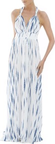 Saint Lucia Adjustable Maxi Dress - fit: empire; style: maxi dress; neckline: halter neck; predominant colour: white; secondary colour: royal blue; length: floor length; fibres: viscose/rayon - 100%; hip detail: soft pleats at hip/draping at hip/flared at hip; sleeve length: sleeveless; texture group: cotton feel fabrics; occasions: holiday; pattern type: fabric; pattern size: standard; pattern: patterned/print