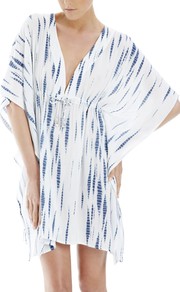 Saint Lucia V Neck Drawstring Kaftan - length: mid thigh; neckline: low v-neck; sleeve style: dolman/batwing; fit: empire; style: kaftan; predominant colour: white; secondary colour: royal blue; fibres: viscose/rayon - 100%; sleeve length: 3/4 length; texture group: cotton feel fabrics; occasions: holiday; pattern type: fabric; pattern size: standard; pattern: patterned/print
