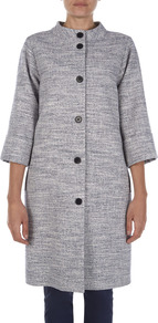 Light Boucle Audrey Coat - pattern: plain; bust detail: added detail/embellishment at bust; hip detail: side pockets at hip; collar: funnel; style: single breasted; length: on the knee; predominant colour: light grey; occasions: evening, work, occasion; fit: straight cut (boxy); fibres: cotton - mix; sleeve length: 3/4 length; sleeve style: standard; collar break: high; pattern type: fabric; texture group: woven bulky/heavy