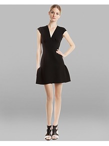 Cap Sleeve Dress Rose - length: mini; neckline: low v-neck; sleeve style: capped; pattern: plain; predominant colour: black; occasions: evening, occasion; fit: fitted at waist & bust; style: fit & flare; fibres: polyester/polyamide - 100%; hip detail: structured pleats at hip; sleeve length: sleeveless; texture group: crepes; pattern type: fabric
