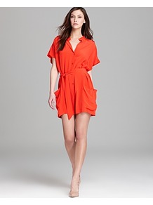 Romper Leland Deep Pocket - neckline: low v-neck; fit: loose; pattern: plain; hip detail: front pockets at hip; waist detail: belted waist/tie at waist/drawstring; length: mid thigh shorts; predominant colour: bright orange; occasions: casual, evening; fibres: silk - 100%; sleeve length: short sleeve; sleeve style: standard; texture group: silky - light; style: playsuit; pattern type: fabric