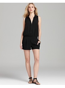 Romper Henley Shirting - neckline: low v-neck; fit: fitted at waist; pattern: plain; sleeve style: sleeveless; waist detail: drop waist; hip detail: side pockets at hip; length: mid thigh shorts; predominant colour: black; occasions: casual, holiday; fibres: viscose/rayon - 100%; sleeve length: sleeveless; style: playsuit; pattern type: fabric; texture group: other - light to midweight