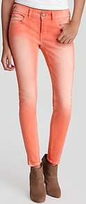 Jeans Stretch Herringbone Crop Skinny In Tomato - style: skinny leg; pattern: plain; pocket detail: traditional 5 pocket; waist: mid/regular rise; predominant colour: coral; occasions: casual, evening, holiday; length: ankle length; fibres: cotton - stretch; jeans detail: shading down centre of thigh, washed/faded; texture group: denim; pattern type: fabric