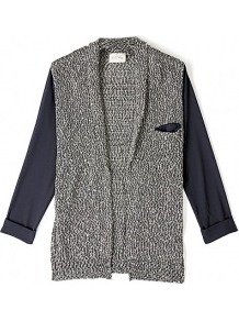 Ocean City Cardigan With Sheer Sleeves - bust detail: pocket detail at bust; neckline: collarless open; style: open front; predominant colour: mid grey; secondary colour: black; occasions: casual, evening, work; length: standard; fibres: cotton - mix; fit: standard fit; sleeve length: long sleeve; sleeve style: standard; texture group: corduroy; pattern type: fabric; pattern size: light/subtle; pattern: colourblock