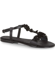 Black Flower Leather Sandals - predominant colour: black; occasions: casual, holiday; material: leather; heel height: flat; ankle detail: ankle strap; heel: standard; toe: open toe/peeptoe; style: standard; finish: plain; pattern: plain; embellishment: applique
