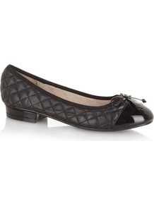 Black Quilted Pumps - predominant colour: black; occasions: casual, evening, work; material: faux leather; heel height: flat; embellishment: quilted; toe: round toe; style: ballerinas / pumps; finish: plain; pattern: plain