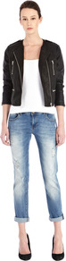Collarless Faux Leather Biker - pattern: plain; style: biker; collar: asymmetric biker; length: cropped; fit: slim fit; predominant colour: black; occasions: casual; fibres: viscose/rayon - 100%; shoulder detail: discreet epaulette; sleeve length: long sleeve; sleeve style: standard; texture group: leather; collar break: high/illusion of break when open; pattern type: fabric