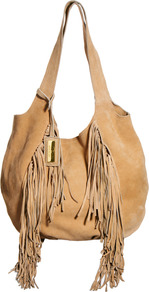Tan Fringed Suede Slouch Hobo Bag - predominant colour: camel; occasions: casual, holiday; length: shoulder (tucks under arm); size: oversized; material: suede; embellishment: fringing; pattern: plain; finish: plain; style: hobo