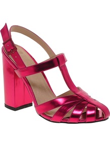Happy Days Heeled Sandals - predominant colour: hot pink; occasions: evening, occasion, holiday; material: faux leather; heel height: high; ankle detail: ankle strap; heel: block; style: strappy; trends: metallics; finish: metallic; pattern: plain; toe: caged