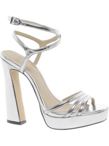 Hypnotise Heeled Sandals - predominant colour: silver; occasions: evening, occasion; material: faux leather; ankle detail: ankle strap; heel: platform; toe: open toe/peeptoe; style: strappy; trends: metallics; finish: metallic; pattern: plain; heel height: very high