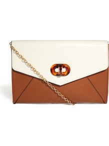 Speros Cream & Tan Twist Lock Clutch - secondary colour: ivory; predominant colour: tan; occasions: casual, evening, holiday; type of pattern: light; style: clutch; length: hand carry; size: standard; material: faux leather; finish: plain; pattern: colourblock; embellishment: chain/metal
