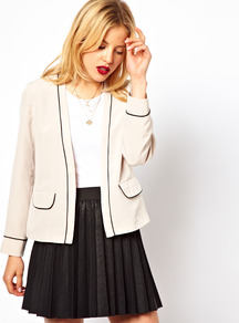 Soft Blazer With Contrast Piping - style: single breasted blazer; collar: shawl/waterfall; predominant colour: nude; secondary colour: black; occasions: casual, work, occasion; length: standard; fit: straight cut (boxy); fibres: polyester/polyamide - 100%; sleeve length: long sleeve; sleeve style: standard; collar break: low/open; pattern type: fabric; pattern: colourblock; texture group: woven light midweight