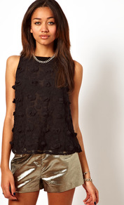 3 D Flower Embellished Top - neckline: slash/boat neckline; sleeve style: sleeveless; back detail: contrast pattern/fabric at back; predominant colour: black; occasions: casual, evening, occasion, holiday; length: standard; style: top; fibres: nylon - 100%; fit: loose; bust detail: contrast pattern/fabric/detail at bust; sleeve length: sleeveless; texture group: sheer fabrics/chiffon/organza etc.; pattern type: fabric; pattern size: standard; pattern: florals; embellishment: embroidered