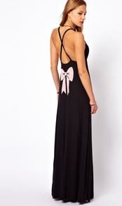 Bow Back Maxi Dress - neckline: plunge; sleeve style: spaghetti straps; fit: empire; pattern: plain; style: maxi dress; secondary colour: blush; predominant colour: black; occasions: casual, evening, holiday; length: floor length; fibres: cotton - 100%; back detail: crossover; sleeve length: sleeveless; texture group: cotton feel fabrics; pattern type: fabric; embellishment: applique