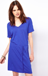 Jac Tee Dress With Tie Belt - style: t-shirt; neckline: v-neck; fit: loose; pattern: plain; waist detail: belted waist/tie at waist/drawstring; predominant colour: royal blue; occasions: casual, holiday; length: just above the knee; fibres: cotton - mix; sleeve length: short sleeve; sleeve style: standard; texture group: cotton feel fabrics; pattern type: fabric