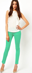 Jegging In Green - pattern: plain; waist: low rise; style: jeggings; pocket detail: traditional 5 pocket; predominant colour: mint green; occasions: casual; length: ankle length; fibres: cotton - stretch; texture group: denim; pattern type: fabric