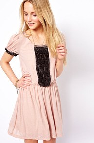 Metallic Mini Dress - length: mid thigh; sleeve style: puffed; pattern: plain; style: drop waist; waist detail: fitted waist; predominant colour: blush; secondary colour: black; occasions: casual, evening, holiday; fit: soft a-line; neckline: scoop; fibres: viscose/rayon - 100%; hip detail: soft pleats at hip/draping at hip/flared at hip; bust detail: contrast pattern/fabric/detail at bust; sleeve length: short sleeve; texture group: sheer fabrics/chiffon/organza etc.; pattern type: fabric; pattern size: standard; embellishment: lace