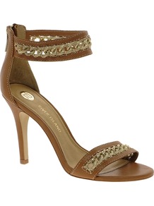 Chain Ankle Strap Tan Sandals - predominant colour: tan; occasions: evening, occasion, holiday; material: leather; heel height: high; ankle detail: ankle strap; heel: stiletto; toe: open toe/peeptoe; style: standard; finish: plain; pattern: plain; embellishment: chain/metal