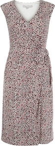 Cadence Dress - style: faux wrap/wrap; neckline: v-neck; sleeve style: capped; waist detail: belted waist/tie at waist/drawstring; occasions: work; length: just above the knee; fit: body skimming; fibres: cotton - stretch; predominant colour: multicoloured; sleeve length: sleeveless; pattern type: fabric; pattern size: standard; pattern: patterned/print; texture group: jersey - stretchy/drapey