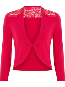 Lace Detail Bolero, Pink - neckline: plunge; pattern: plain; style: bolero/shrug; length: cropped; shoulder detail: contrast pattern/fabric at shoulder; back detail: contrast pattern/fabric at back; predominant colour: hot pink; occasions: evening, occasion; fibres: viscose/rayon - stretch; fit: slim fit; sleeve length: 3/4 length; sleeve style: standard; texture group: knits/crochet; pattern type: knitted - fine stitch; embellishment: lace