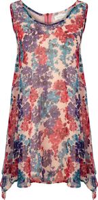 Celleste Print Tunic, Pink - sleeve style: sleeveless; style: tunic; predominant colour: pink; secondary colour: purple; occasions: casual, evening, holiday; neckline: scoop; fibres: polyester/polyamide - 100%; fit: body skimming; length: mid thigh; hip detail: dip hem; sleeve length: sleeveless; texture group: sheer fabrics/chiffon/organza etc.; pattern type: fabric; pattern size: big & busy; pattern: florals