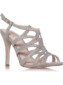 Gertrude Sandals, Gold - predominant colour: silver; occasions: evening, occasion; material: fabric; heel height: high; embellishment: glitter; ankle detail: ankle strap; heel: stiletto; toe: open toe/peeptoe; style: strappy; trends: metallics; finish: metallic; pattern: plain