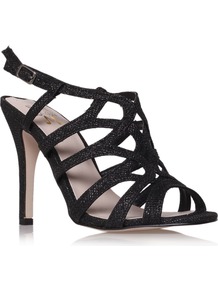 Gertrude Sandals, Black - predominant colour: black; occasions: evening, occasion; material: fabric; heel height: high; embellishment: glitter; ankle detail: ankle strap; heel: stiletto; toe: open toe/peeptoe; style: strappy; trends: metallics; finish: plain; pattern: plain