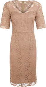 Lace Empire Line Dress, Neutral - style: shift; neckline: low v-neck; fit: tailored/fitted; pattern: plain; predominant colour: champagne; occasions: evening, occasion; length: just above the knee; sleeve length: short sleeve; sleeve style: standard; texture group: lace; trends: glamorous day shifts; pattern type: fabric; fibres: viscose/rayon - mix; embellishment: lace