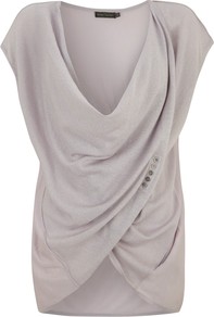 Twist Front Jumper, Lilac - neckline: cowl/draped neck; sleeve style: capped; pattern: plain; style: standard; bust detail: ruching/gathering/draping/layers/pintuck pleats at bust; predominant colour: light grey; occasions: casual, evening, work; length: standard; fibres: wool - mix; fit: loose; hip detail: ruching/gathering at hip; sleeve length: short sleeve; pattern type: knitted - fine stitch; texture group: other - light to midweight