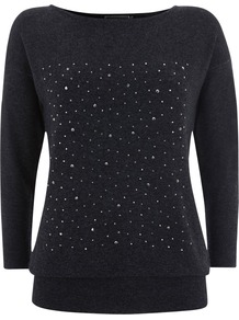 Crystal Jumper, Grey - pattern: plain; bust detail: added detail/embellishment at bust; style: standard; predominant colour: black; occasions: casual, evening, work; length: standard; fibres: cotton - mix; fit: slim fit; neckline: crew; sleeve length: 3/4 length; sleeve style: standard; texture group: knits/crochet; pattern type: knitted - fine stitch; embellishment: crystals