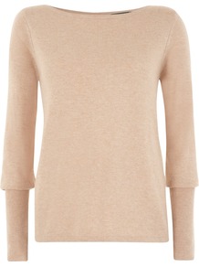 Foundation Jumper, Pale Pink - neckline: slash/boat neckline; pattern: plain; style: standard; sleeve style: leg o mutton; predominant colour: nude; occasions: casual, work; length: standard; fibres: cotton - mix; fit: standard fit; sleeve length: long sleeve; texture group: knits/crochet; pattern type: knitted - fine stitch