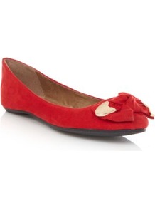Red Metal Trim Bow Pumps - predominant colour: true red; secondary colour: gold; occasions: casual, evening, work, holiday; material: fabric; heel height: flat; toe: round toe; style: ballerinas / pumps; finish: plain; pattern: plain; embellishment: bow