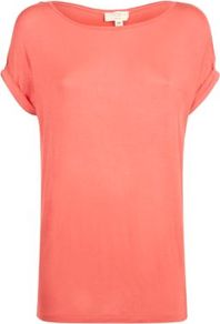 Coral Boxy T Shirt - pattern: plain; style: t-shirt; predominant colour: coral; occasions: casual, holiday; length: standard; fibres: viscose/rayon - stretch; fit: body skimming; neckline: crew; sleeve length: short sleeve; sleeve style: standard; pattern type: fabric; texture group: jersey - stretchy/drapey