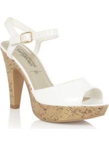 White Patent Cork Platform Sandals - predominant colour: white; occasions: casual, holiday; material: faux leather; heel height: high; ankle detail: ankle strap; heel: platform; toe: open toe/peeptoe; style: standard; finish: patent; pattern: plain