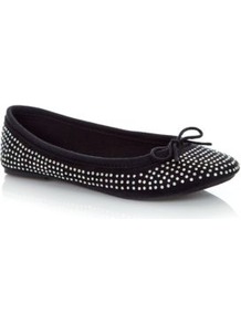 Black Diamante Embellished Ballet Pumps - predominant colour: black; occasions: casual; material: fabric; heel height: flat; embellishment: crystals; toe: round toe; style: ballerinas / pumps; finish: plain; pattern: plain