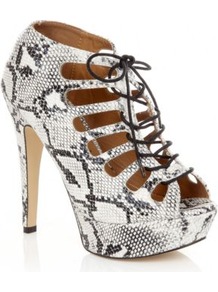 Grey Lace Up Snake Skin Platform Heels - predominant colour: mid grey; occasions: evening, holiday; material: faux leather; heel height: high; ankle detail: ankle strap; heel: platform; toe: open toe/peeptoe; style: strappy; finish: plain; pattern: animal print