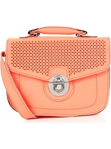 Neon Coral Cut Out Mini Satchel - predominant colour: coral; occasions: casual, holiday; type of pattern: standard; style: satchel; length: handle; size: small; material: faux leather; pattern: plain; trends: fluorescent; finish: plain