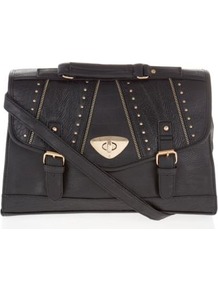 Black Zip Edge Stud Envelope Satchel - predominant colour: black; occasions: casual, work; type of pattern: standard; style: satchel; length: across body/long; size: standard; material: faux leather; embellishment: studs; pattern: plain; finish: plain