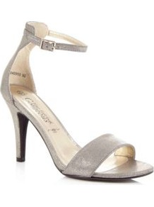 Silver Metallic Ankle Strap Sandals - predominant colour: silver; occasions: evening, occasion; material: fabric; heel height: high; embellishment: glitter; ankle detail: ankle strap; heel: stiletto; toe: open toe/peeptoe; style: standard; trends: metallics; finish: metallic; pattern: plain