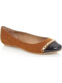 Wide Fit Tan Metal Chain Patent Toe Pumps - secondary colour: navy; predominant colour: tan; occasions: casual; material: faux leather; heel height: flat; toe: round toe; style: ballerinas / pumps; finish: patent; pattern: colourblock; embellishment: chain/metal