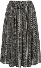 Monochrome Aztec Print Voile Midi Skirt - length: below the knee; fit: loose/voluminous; waist detail: elasticated waist; waist: high rise; secondary colour: white; predominant colour: charcoal; occasions: casual, holiday; style: a-line; fibres: viscose/rayon - 100%; hip detail: soft pleats at hip/draping at hip/flared at hip; texture group: sheer fabrics/chiffon/organza etc.; trends: statement prints, volume; pattern type: fabric; pattern size: standard; pattern: patterned/print